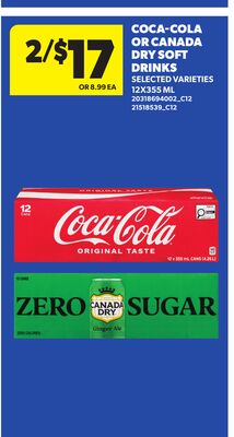 COCA-COLA OR CANADA DRY SOFT DRINKS, 12X355 ML