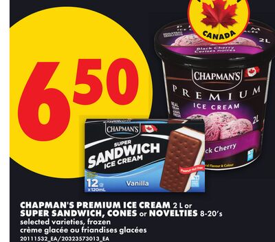 CHAPMAN'S PREMIUM ICE CREAM, 2 L OR SUPER SANDWICH, CONES OR NOVELTIES, 8-20'S