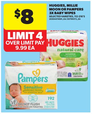 HUGGIES, MILLIE MOON OR PAMPERS 3X BABY WIPES, 112-216'S