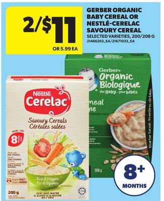 GERBER ORGANIC BABY CEREAL OR NESTLÉ-CERELAC SAVOURY CEREAL, 200/208 G
