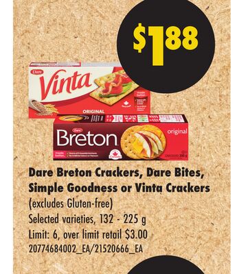 DARE BRETON CRACKERS, DARE BITES, SIMPLE GOODNESS OR VINTA CRACKERS, 132 - 225 g