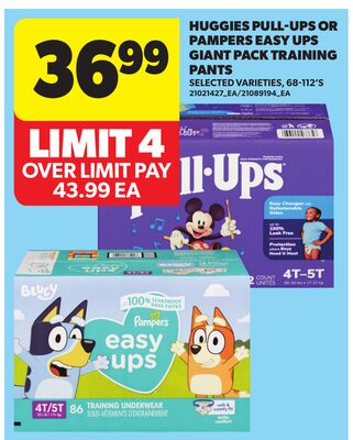 HUGGIES PULL-UPS OR PAMPERS EASY UPS GIANT PACK TRAINING PANTS, 68-112'S