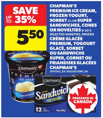 CHAPMAN'S PREMIUM ICE CREAM, FROZEN YOGURT, SORBET, 2 L OR SUPER SANDWICHES, CONES OR NOVELTIES, 8-20'S