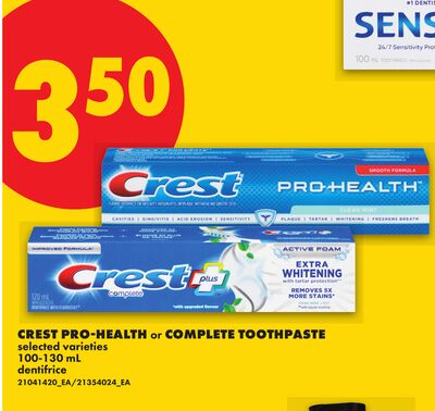CREST PRO-HEALTH or COMPLETE TOOTHPASTE, 100-130 ML