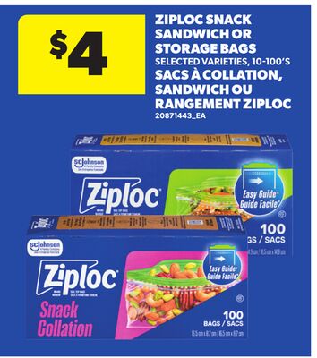 ZIPLOC SNACK SANDWICH OR STORAGE BAGS, 10-100'S