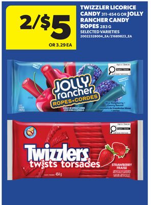 TWIZZLER LICORICE CANDY 311-454 G OR JOLLY RANCHER CANDY ROPES 283 G