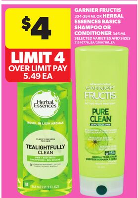 GARNIER FRUCTIS, 334-384 ML OR HERBAL ESSENCES BASICS SHAMPOO AND CONDITIONER, 346 ML