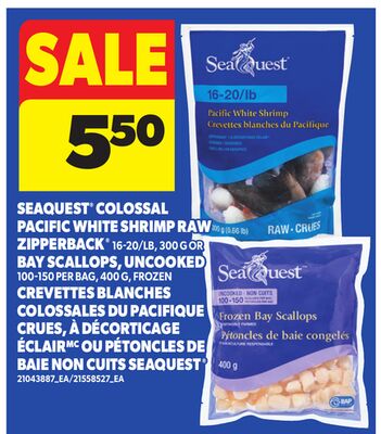 SEAQUEST® COLOSSAL PACIFIC WHITE SHRIMP RAW ZIPPERBACK® 16-20/LB, 300 G OR BAY SCALLOPS, UNCOOKED 100-150 PER BAG, 400 G