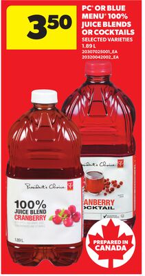 PC® OR BLUE MENU® 100% JUICE BLENDS OR COCKTAILS, 1.89 L