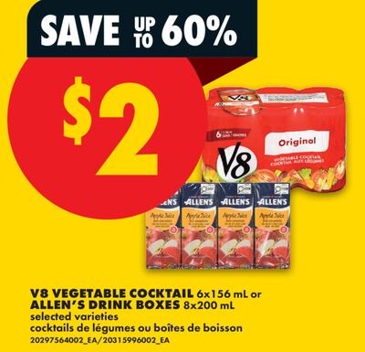 V8 VEGETABLE COCKTAIL, 6x156 mL or ALLEN'S DRINK BOXES, 8x200 mL