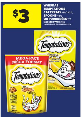WHISKAS TEMPTATIONS CAT TREATS, 130/180 G, SPOONS, 40 G OR PURRRRÉES, 11'S