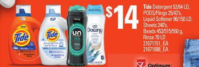 TIDE DETERGENT, 52/64 LD, PODS/FLINGS, 25/42'S, LIQUID SOFTENER, 96/150 LD, SHEETS, 240'S, BEADS 453/515/550 G, RINSE, 70 LD