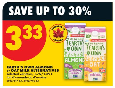EARTH'S OWN ALMOND or OAT MILK ALTERNATIVES, 1.75/1.89 L