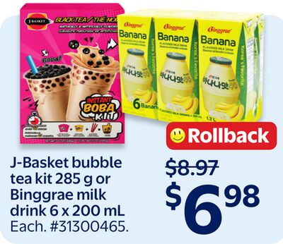 J-Basket bubble tea kit 285 g or Binggrae milk drink 6 x 200 mL