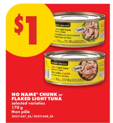 NO NAME® CHUNK or FLAKED LIGHT TUNA, 170 g