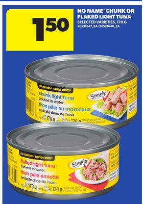 NO NAME® CHUNK OR FLAKED LIGHT TUNA, 170 g