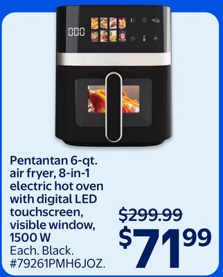 Pentantan 6-qt. air fryer, 8-in-1 electric hot oven with digital LED touchscreen, visible window, 1500 W