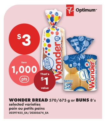 WONDER BREAD, 570/675 g or BUNS, 8's