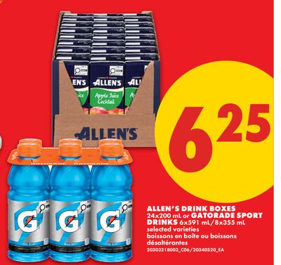 ALLEN'S DRINK BOXES, 24X200 ML OR GATORADE SPORT DRINKS, 6X591 ML/8X355 ML