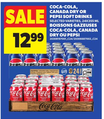 COCA-COLA, CANADA DRY OR PEPSI SOFT DRINKS, 24X355 ML