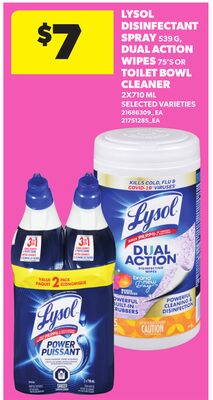 LYSOL DISINFECTANT SPRAY, 539 G, DUAL ACTION WIPES, 75'S OR TOILET BOWL CLEANER, 2X710 ML