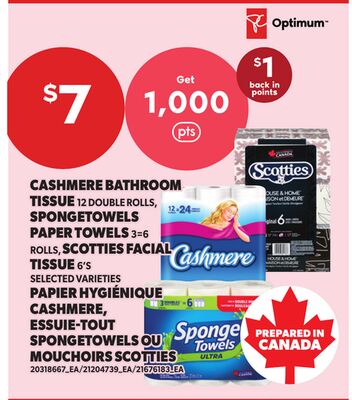 CASHMERE BATHROOM TISSUE 12 DOUBLE ROLLS, SPONGETOWELS PAPER TOWELS 3=6 ROLLS, SCOTTIES FACIAL TISSUE 6'S