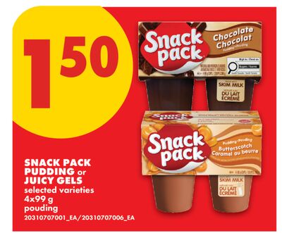 SNACK PACK PUDDING OR JUICY GELS, 4X99 G