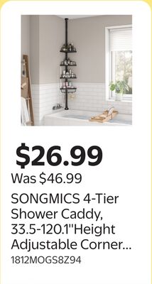 SONGMICS 4-Tier Shower Caddy, 33.5-120.1''Height Adjustable Corner Bathroom Shelf, Shower Organizer, Steel, Black