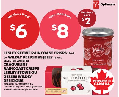 LESLEY STOWE RAINCOAST CRISPS, 150 G OR WILDLY DELICIOUS JELLY, 185 ML