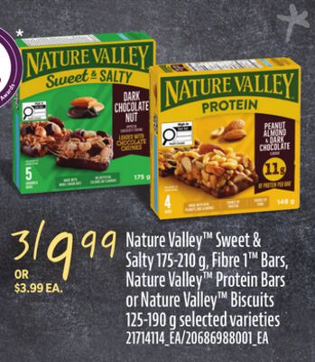NATURE VALLEY™ SWEET & SALTY 175-210 G, FIBRE 1™ BARS, NATURE VALLEY™ PROTEIN BARS OR NATURE VALLEY™ BISCUITS, 125-190 g
