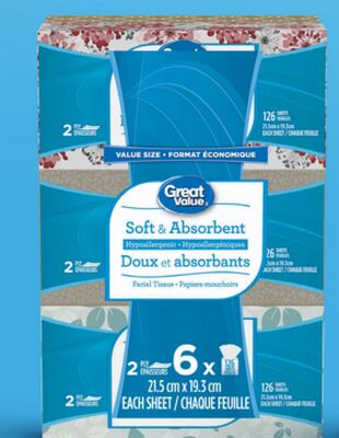 Great Value 2-ply or 3-ply facial tissues