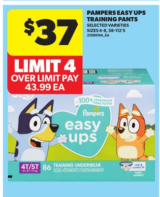 PAMPERS EASY UPS TRAINING PANTS, SIZES 4-8, 58-112'S