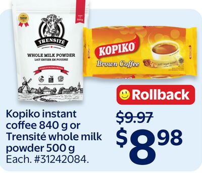 Kopiko instant coffee 840 g or Trensité whole milk powder 500 g