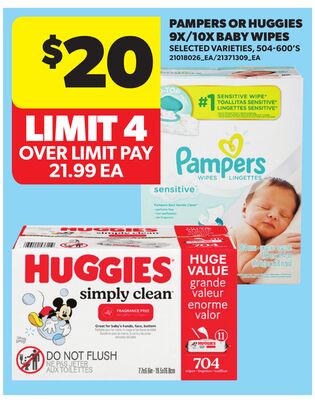 PAMPERS OR HUGGIES 9X/10X BABY WIPES, 504-600'S