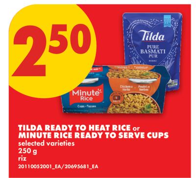 TILDA READY TO HEAT RICE or MINUTE RICE READY TO SERVE CUPS, 250 g
