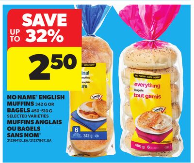 NO NAME® ENGLISH MUFFINS, 342 G OR BAGELS, 450-510 G