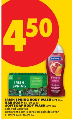 IRISH SPRING BODY WASH, 591 mL, BAR SOAP, 6x104 g or SOFTSOAP BODY WASH, 591 mL