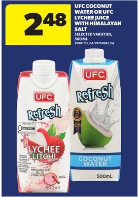 UFC COCONUT WATER OR UFC LYCHEE JUICE WITH HIMALAYAN SALT, 500 ML