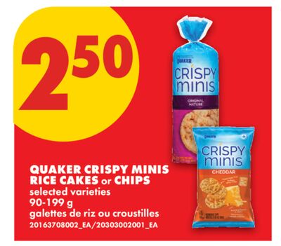QUAKER CRISPY MINIS RICE CAKES OR CHIPS, 90-199 G