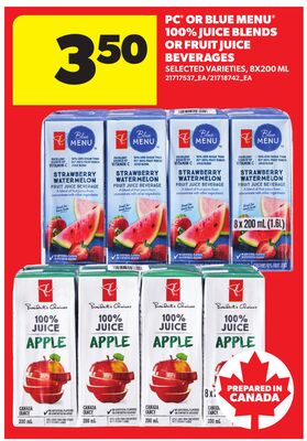 PC® OR BLUE MENU® 100% JUICE BLENDS OR FRUIT JUICE BEVERAGES, 8X200 ML