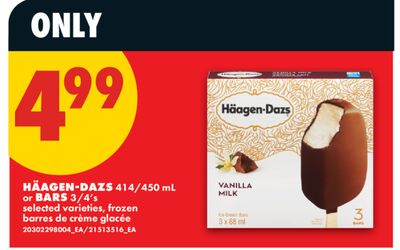 HÄAGEN-DAZS, 414/450 mL or BARS, 3/4's