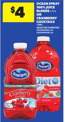 OCEAN SPRAY 100% JUICE BLENDS, 1.77 L OR CRANBERRY COCKTAILS, 1.89 L