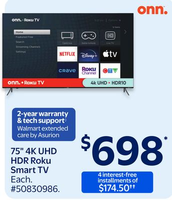 75" 4K UHD HDR Roku Smart TV