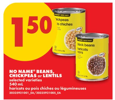 NO NAME® BEANS, CHICKPEAS or LENTILS, 540 mL