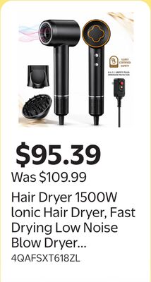 Hair Dryer 1500W lonic Hair Dryer, Fast Drying Low Noise Blow Dryer with Diffuser , Frizz-Reducing Professional Hair Dryer for All Hair Types, Black