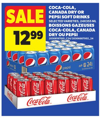 COCA-COLA, CANADA DRY OR PEPSI SOFT DRINKS, 24X355 ML