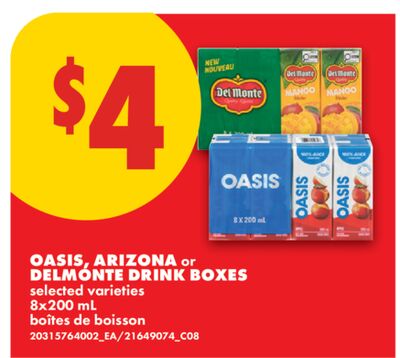 OASIS, ARIZONA or DELMONTE DRINK BOXES, 8X200 ML