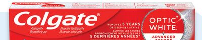 Colgate Optic White Renewal 70 mL or Advanced 133 mL or Sensitive Pro-Relief 120 mL toothpaste or kids' or SlimSoft 2-pack or Extra Clean 6-pack toothbrushes
