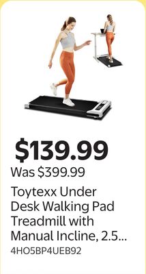 Toytexx Under Desk Walking Pad Treadmill with Manual Incline, 2.5 HP Motor, Remote Control, LED Display, 0.6–3.8 MPH, 265 lb Capacity