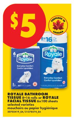 ROYALE BATHROOM TISSUE, 8=16 ROLLS OR ROYALE FACIAL TISSUE, 6X100 SHEETS